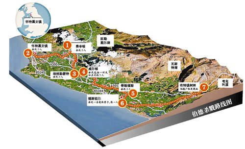 槍殺案示意圖，槍手在若干個地方向不同的人開槍