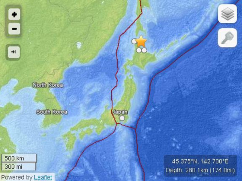日本北海道海域發生5級地震震源深度280公里