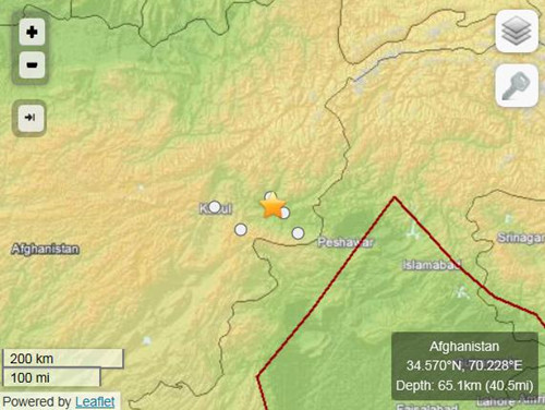 阿富汗與巴基斯坦邊界地區發生5.7級地震。（圖片來源：美國地質勘探局）